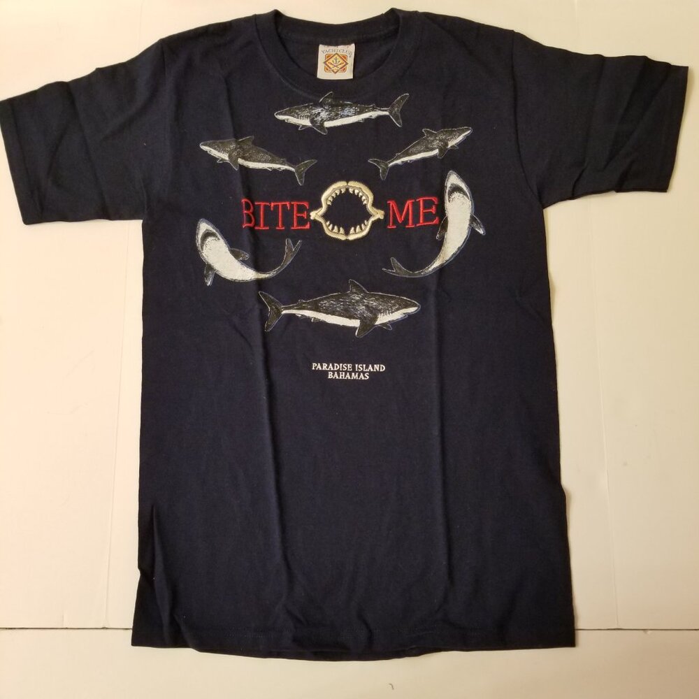Bahamas Atlantis Paradise Island Yacht Club Blue "Bite me" Shark Jaws Tshirt S!